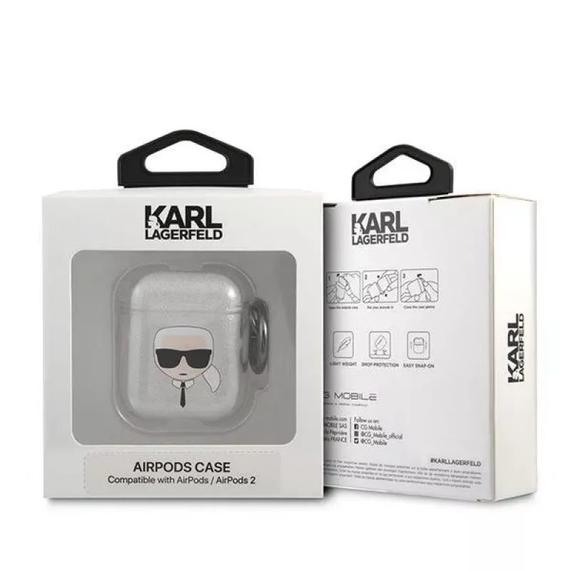 Karl Lagerfeld KLA2UKHGS AirPods 1/2 dėklas sidabrinis su blizgučiais ir Karlo galva
