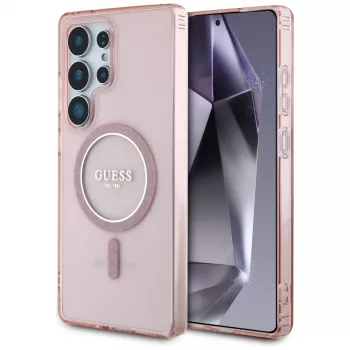 GUESS Glitter Circle Classic Logo MagSafe dėklas Samsung Galaxy S25 Ultra - rožinis