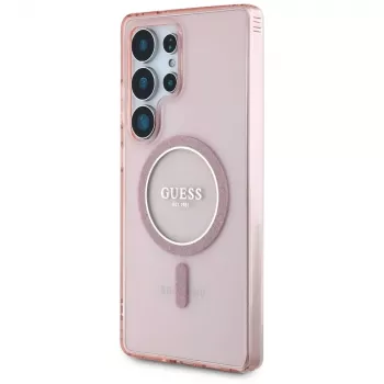 GUESS Glitter Circle Classic Logo MagSafe dėklas Samsung Galaxy S25 Ultra - rožinis