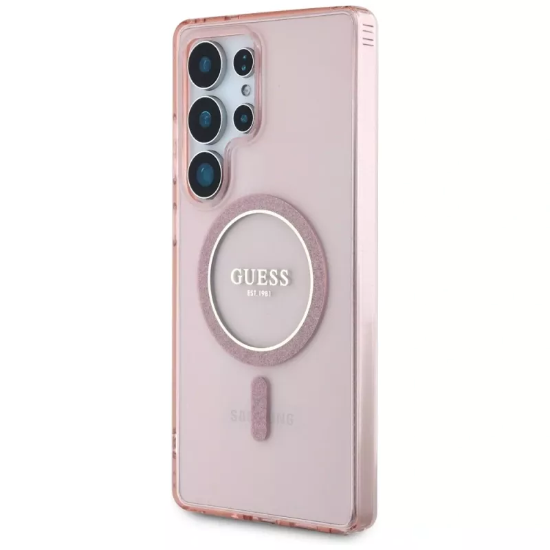 GUESS Glitter Circle Classic Logo MagSafe dėklas Samsung Galaxy S25 Ultra - rožinis