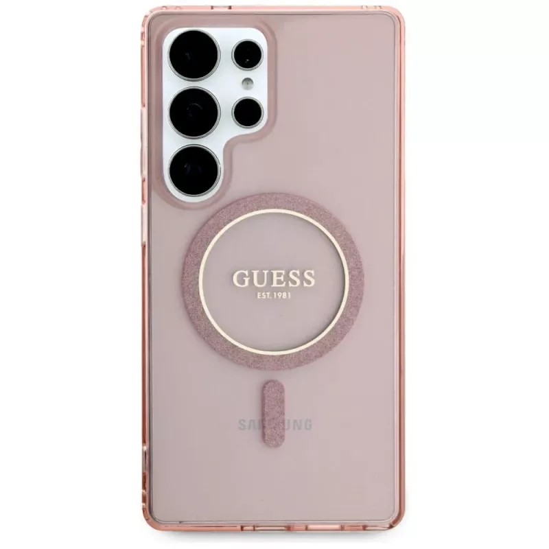 GUESS Glitter Circle Classic Logo MagSafe dėklas Samsung Galaxy S25 Ultra - rožinis