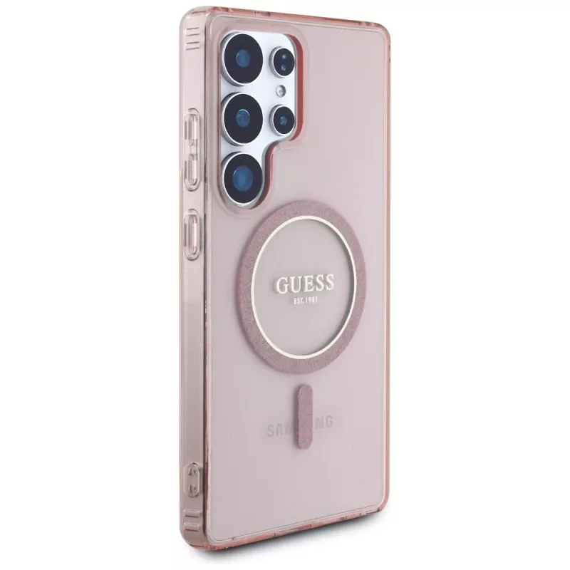 GUESS Glitter Circle Classic Logo MagSafe dėklas Samsung Galaxy S25 Ultra - rožinis