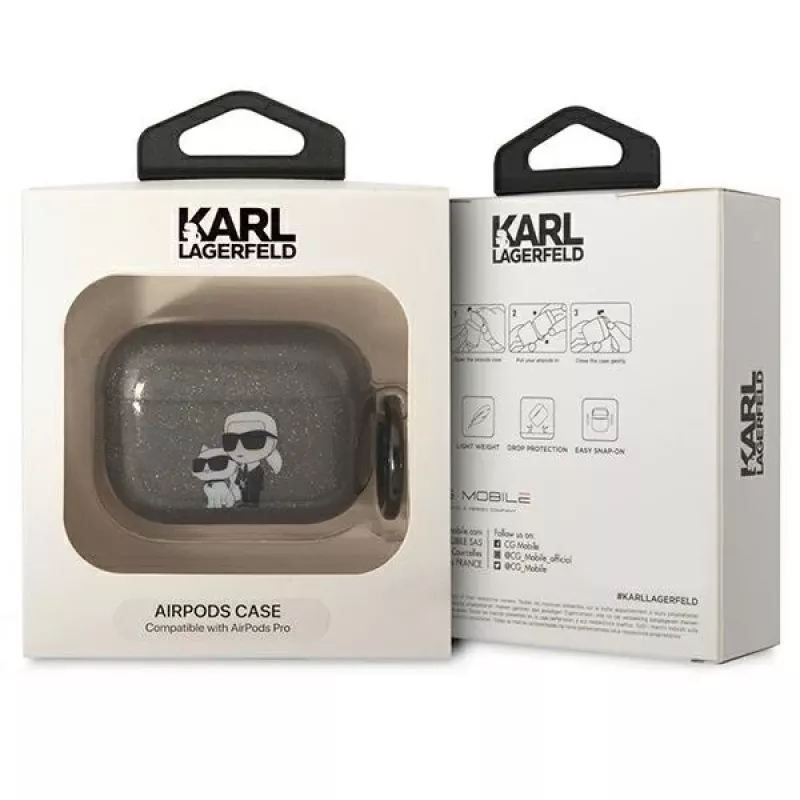 Karl Lagerfeld KLAPHNKCTGK AirPods Pro dėklas su blizgučiais Karl & Choupette juodas