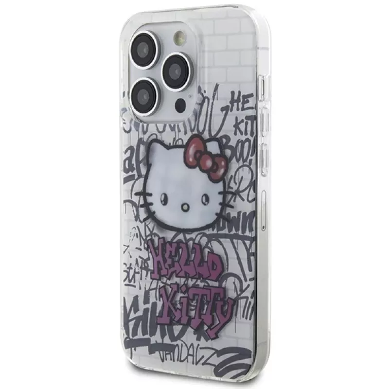 Hello Kitty HKHCP15LHDGPHT iPhone 15 Pro kietas dėklas IML Kitty On Bricks Graffiti baltas