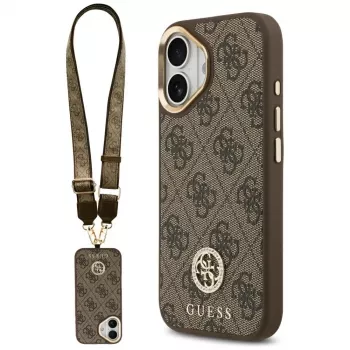 GUESS 4G Strass Logo ir didelio dirželio metalinių mygtukų MagSafe dėklas, skirtas iPhone 17 - ruda