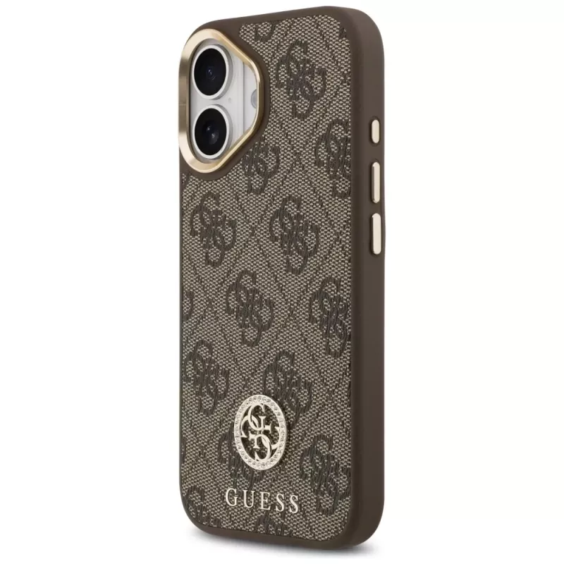 GUESS 4G Strass Logo ir didelio dirželio metalinių mygtukų MagSafe dėklas, skirtas iPhone 17 - ruda