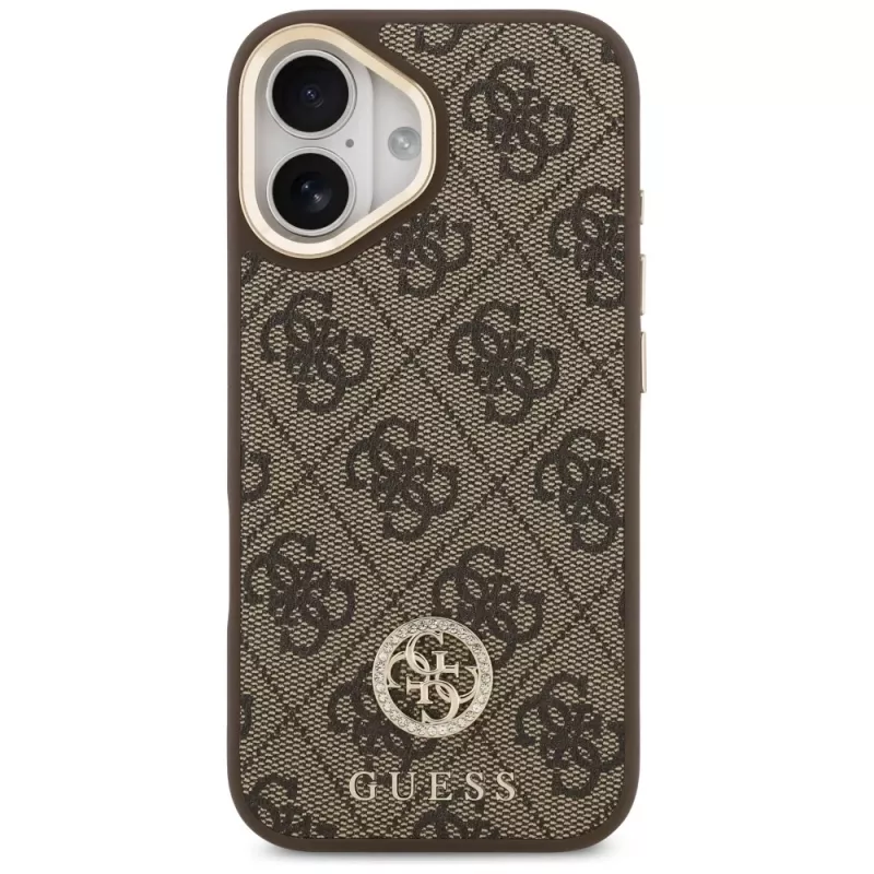 GUESS 4G Strass Logo ir didelio dirželio metalinių mygtukų MagSafe dėklas, skirtas iPhone 17 - ruda