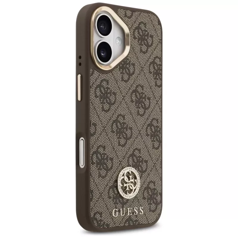 GUESS 4G Strass Logo ir didelio dirželio metalinių mygtukų MagSafe dėklas, skirtas iPhone 17 - ruda