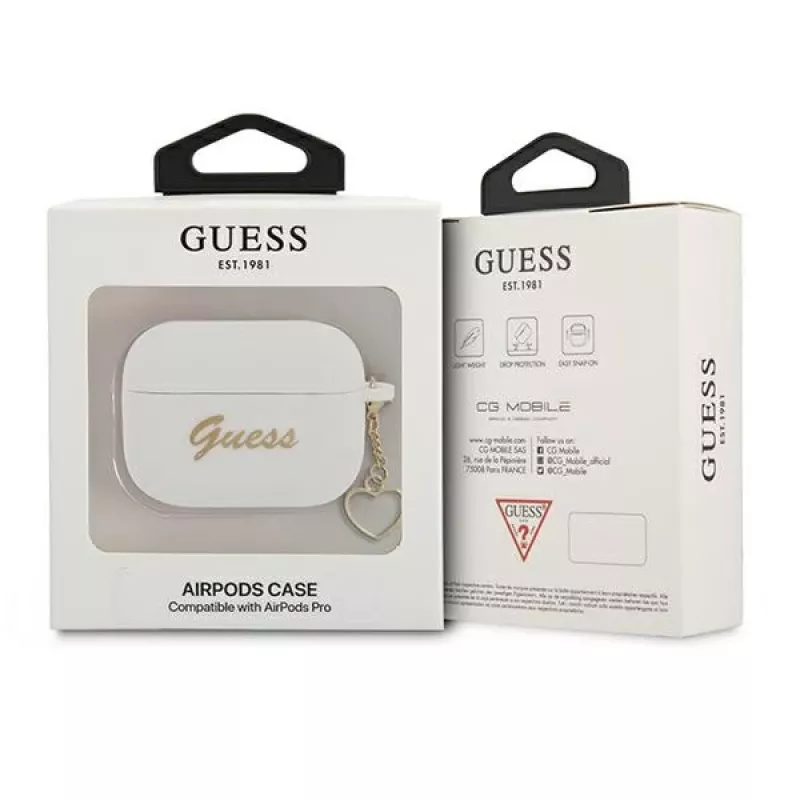 Guess GUAPLSCHSH AirPods Pro dėklas baltas silikoninis su širdelės pakabuku Charm Heart kolekcija