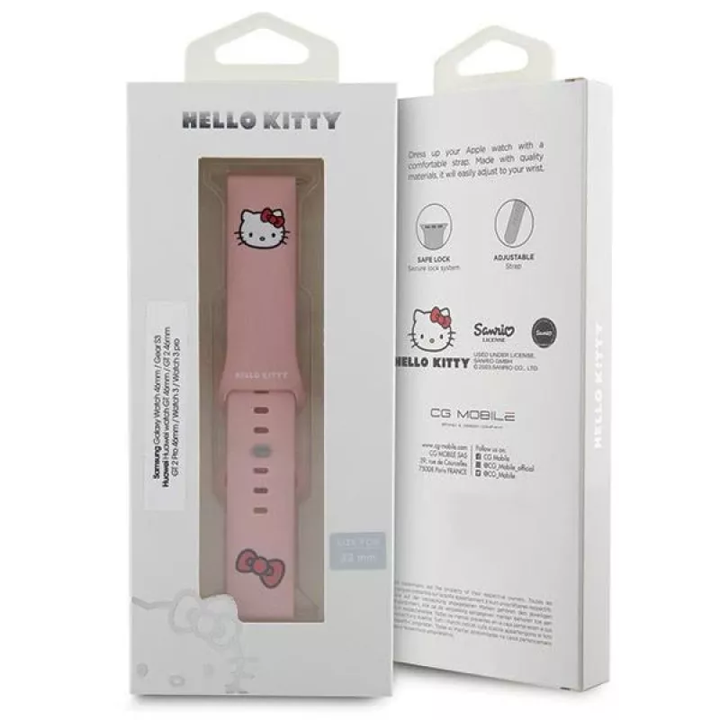 Hello Kitty Universalus silikoninis laikrodžio dirželis 22 mm, rožinis su Kitty galvute