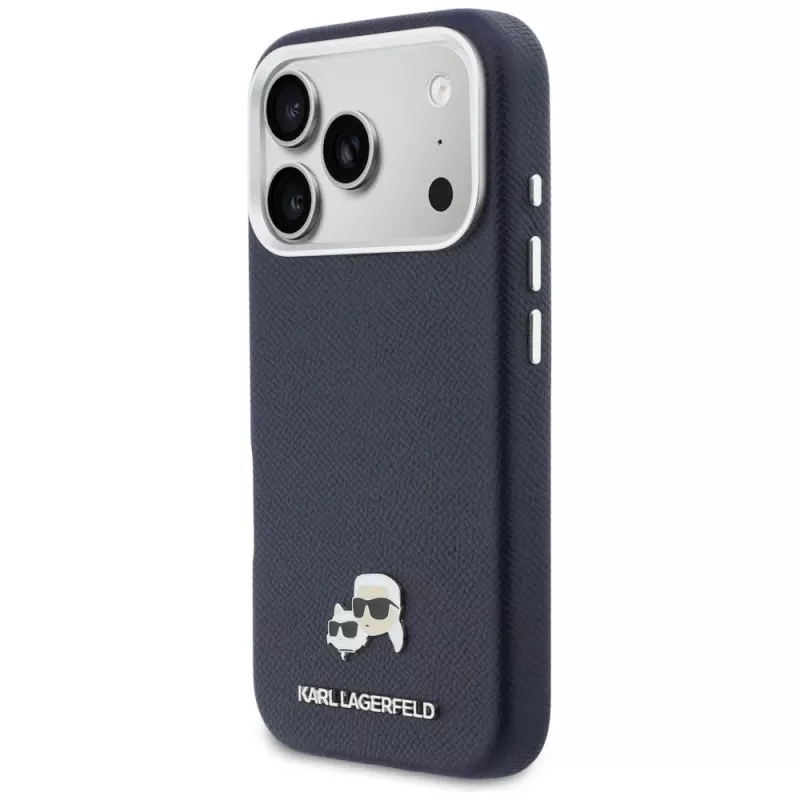 Karl Lagerfeld Karl & Choupette Head Pins Saffiano dėklas su MagSafe, skirtas iPhone 17 Pro – mėlynas
