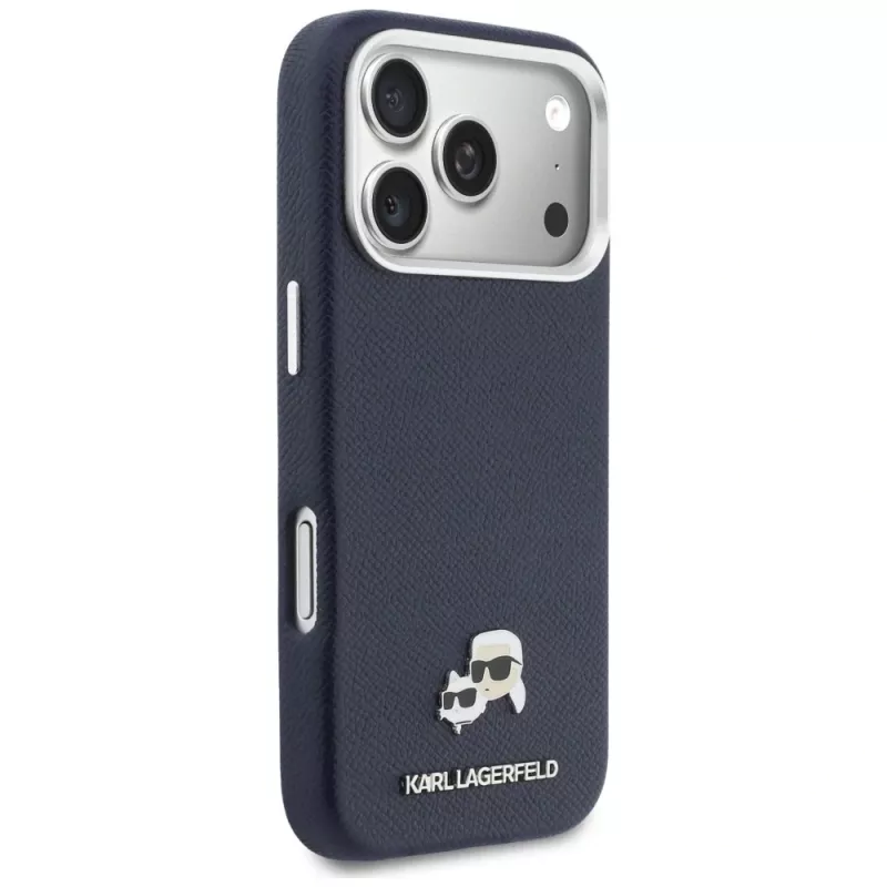 Karl Lagerfeld Karl & Choupette Head Pins Saffiano dėklas su MagSafe, skirtas iPhone 17 Pro – mėlynas
