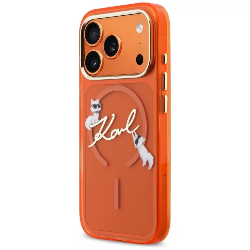 Karl Lagerfeld IML Choupettes Karl Script Logo MagSafe dėklas, skirtas iPhone 17 Pro – oranžinis