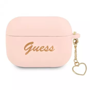 GUESS AirPods Pro dangtelis rožinis silikoninis su širdele Charm Heart kolekcija