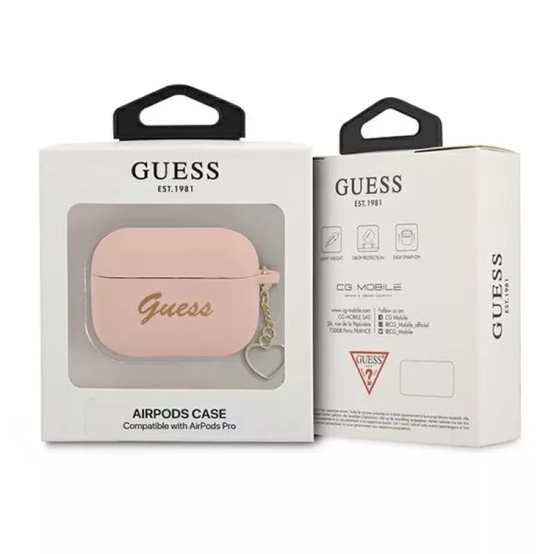 GUESS AirPods Pro dangtelis rožinis silikoninis su širdele Charm Heart kolekcija