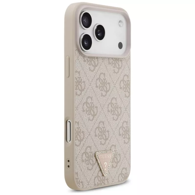 GUESS Leather 4G Triangle Strass MagSafe dėklas, skirtas iPhone 18 Pro Max / 17 Pro Max - rožinis