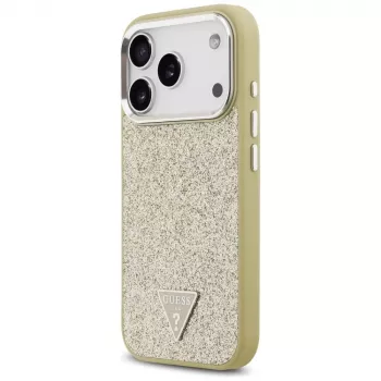 GUESS Glitter Triangle Logo MagSafe dėklas, skirtas iPhone 17 Pro - auksinis