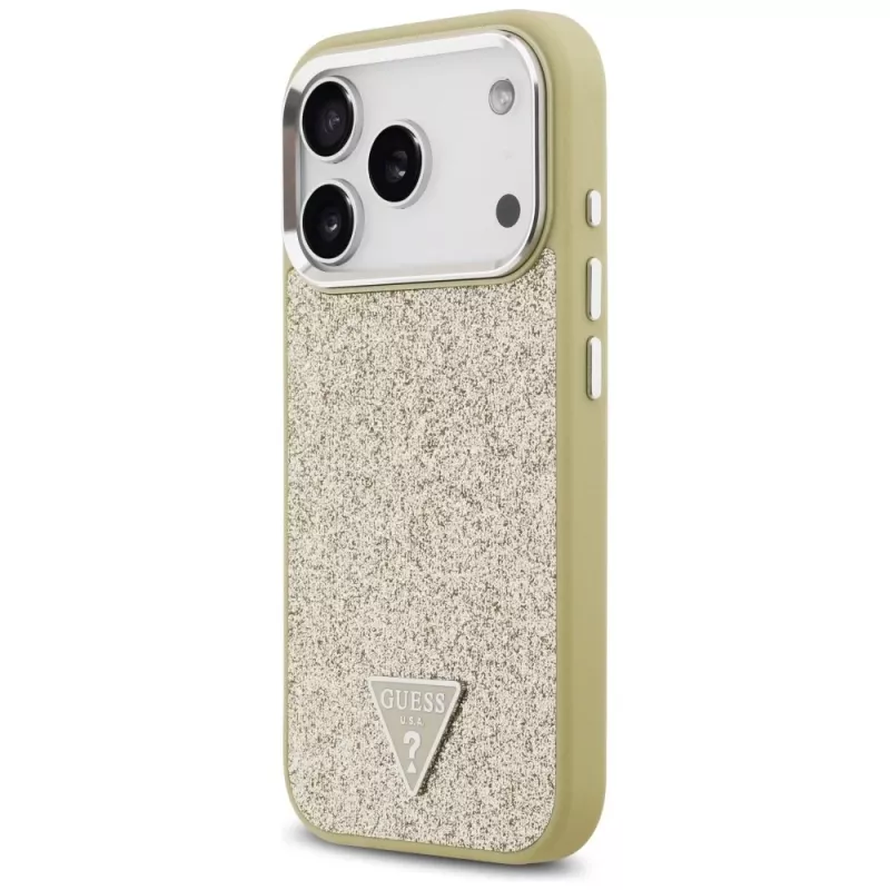 GUESS Glitter Triangle Logo MagSafe dėklas, skirtas iPhone 17 Pro - auksinis