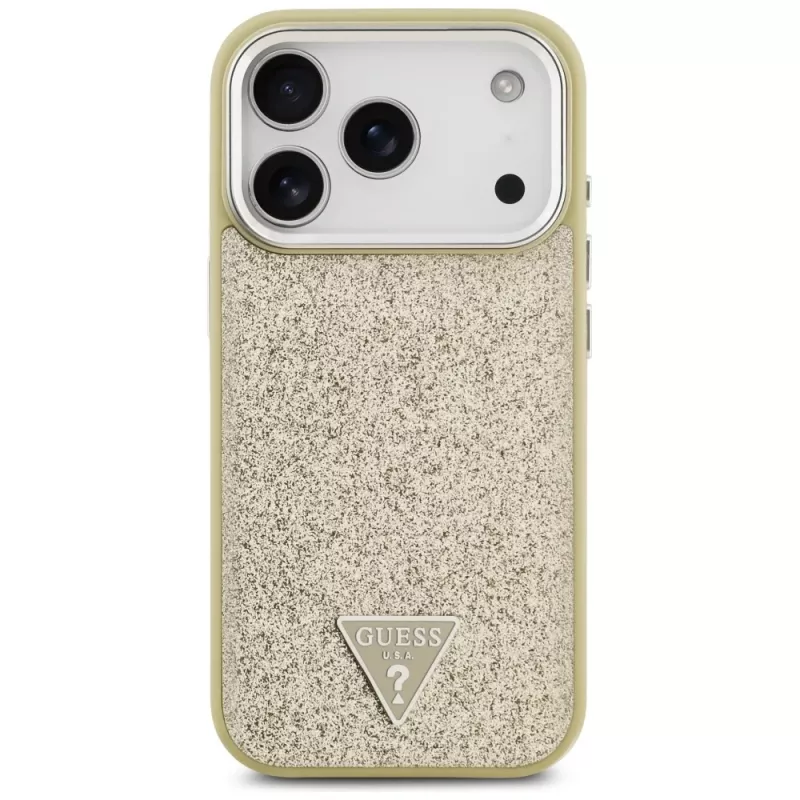 GUESS Glitter Triangle Logo MagSafe dėklas, skirtas iPhone 17 Pro - auksinis