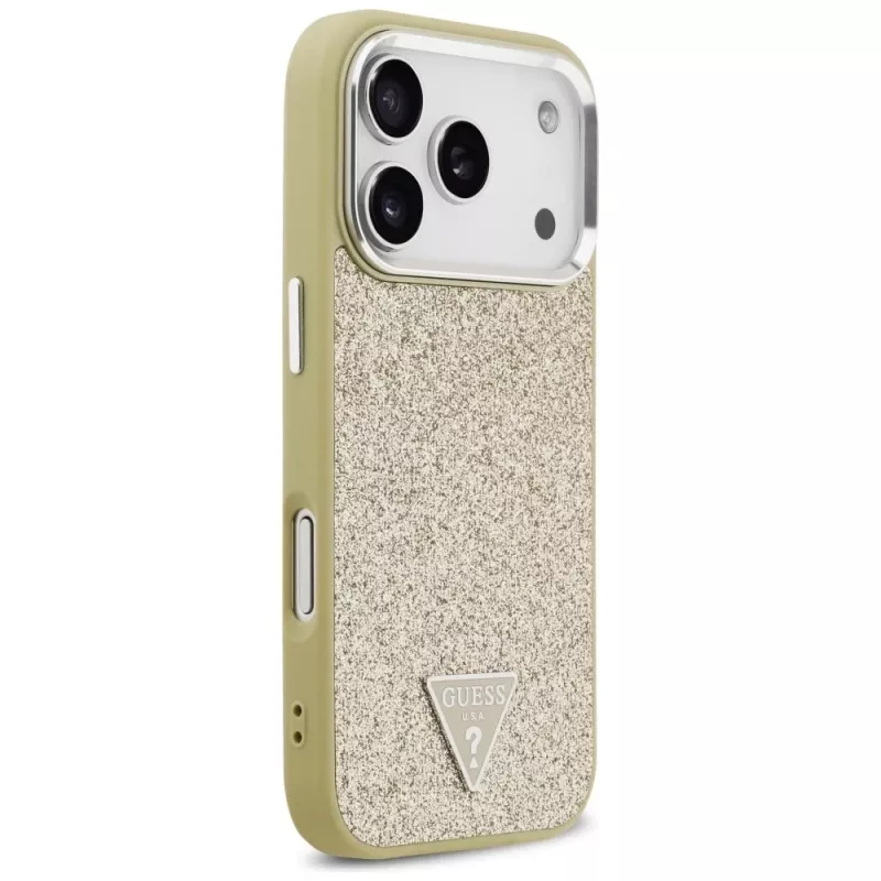 GUESS Glitter Triangle Logo MagSafe dėklas, skirtas iPhone 17 Pro - auksinis
