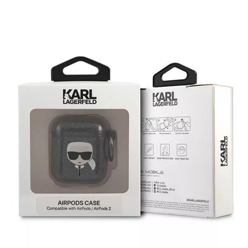 Karl Lagerfeld KLA2UKHGK AirPods 1/2 dėklas juodas su blizgučiais Karl's Head