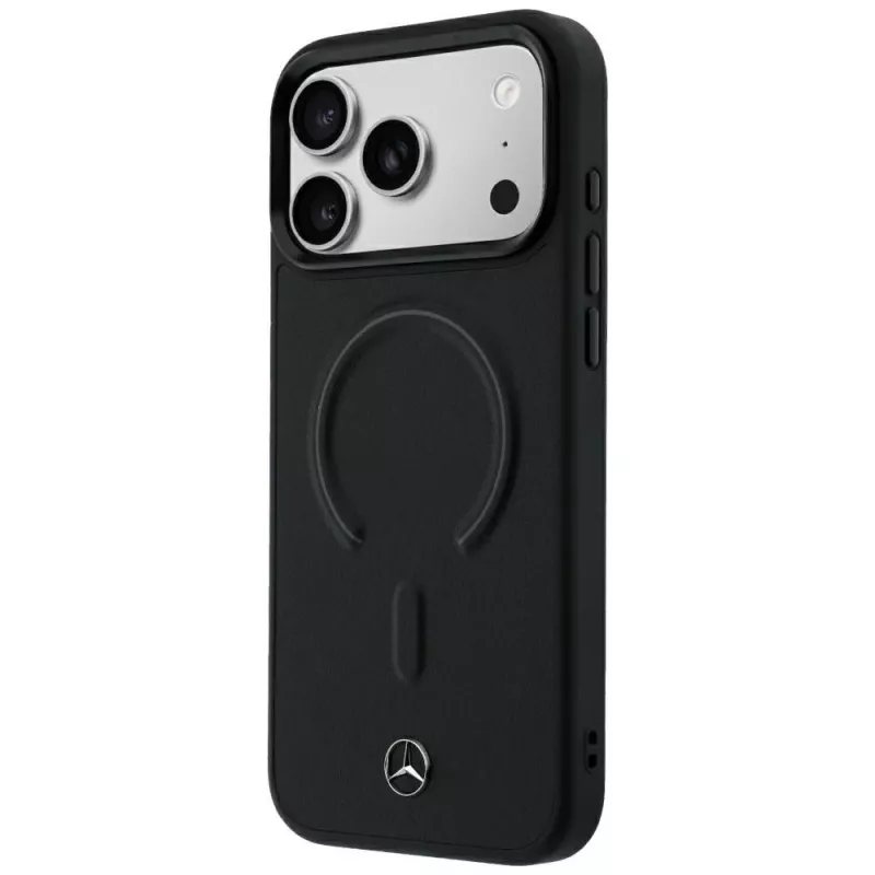 Mercedes-Benz Genuine Leather MagSafe dėklas, skirtas iPhone 18 Pro / 17 Pro, juodos spalvos