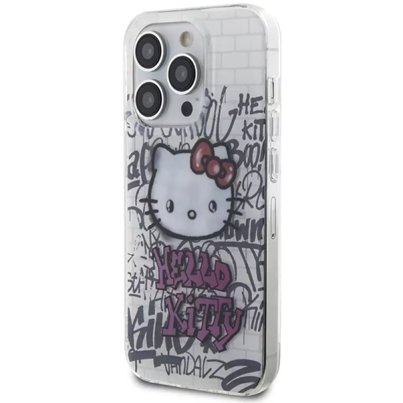 Hello Kitty HKHCP15XHDGPHT iPhone 15 Pro Max 6,7 colio baltas kietas dėklas IML Kitty On Bricks Graffiti