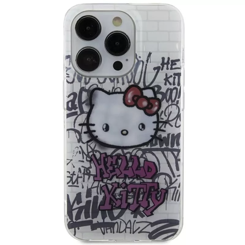 Hello Kitty HKHCP15XHDGPHT iPhone 15 Pro Max 6,7 colio baltas kietas dėklas IML Kitty On Bricks Graffiti