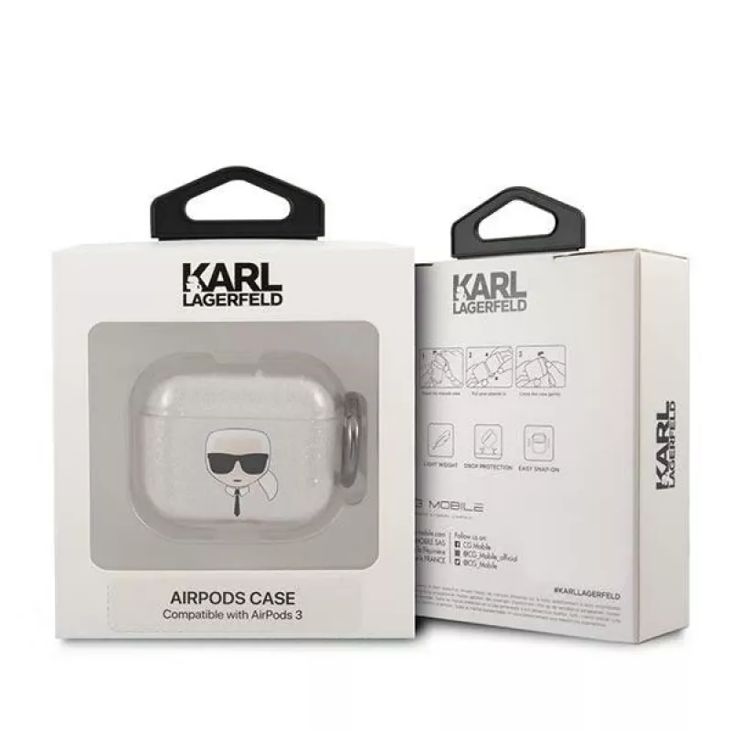 Karl Lagerfeld KLA3UKHGS AirPods 3 dėklas sidabrinis su blizgučiais Karl's Head
