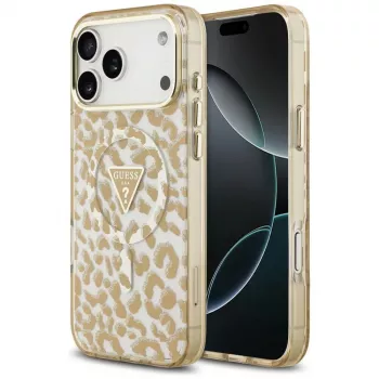 GUESS IML Leopard Glitter Triangle Logo MagSafe dėklas, skirtas iPhone 18 Pro Max / 17 Pro Max - rudos spalvos