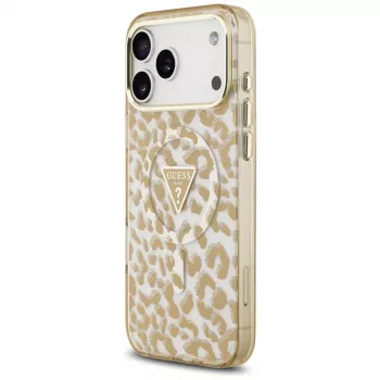 GUESS IML Leopard Glitter Triangle Logo MagSafe dėklas, skirtas iPhone 18 Pro Max / 17 Pro Max - rudos spalvos