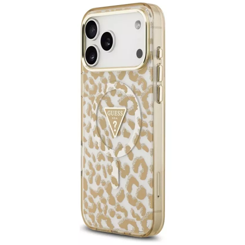 GUESS IML Leopard Glitter Triangle Logo MagSafe dėklas, skirtas iPhone 18 Pro Max / 17 Pro Max - rudos spalvos
