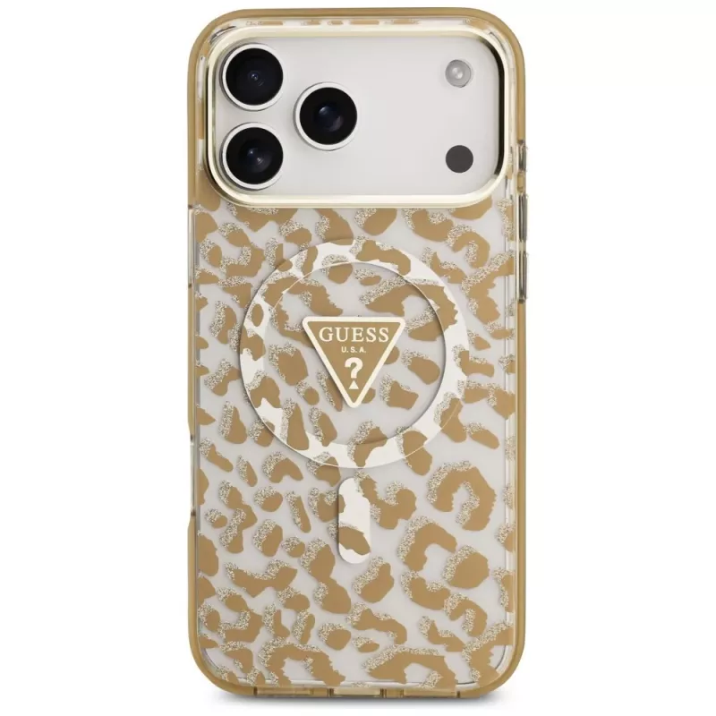 GUESS IML Leopard Glitter Triangle Logo MagSafe dėklas, skirtas iPhone 18 Pro Max / 17 Pro Max - rudos spalvos