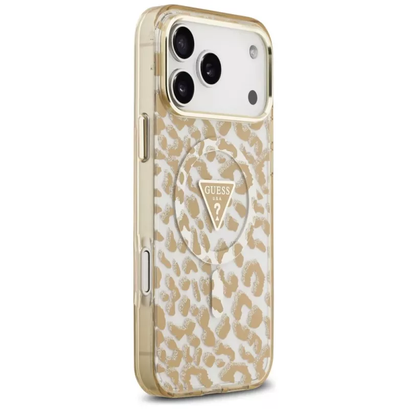 GUESS IML Leopard Glitter Triangle Logo MagSafe dėklas, skirtas iPhone 18 Pro Max / 17 Pro Max - rudos spalvos