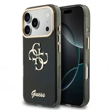 GUESS IML 4G Script Metal dėklas, skirtas iPhone 18 Pro / 17 Pro – juodas