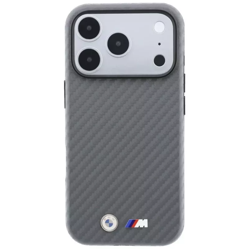 BMW M Carbon Metal Logo MagSafe dėklas, skirtas iPhone 18 Pro Max / 17 Pro Max - pilkas