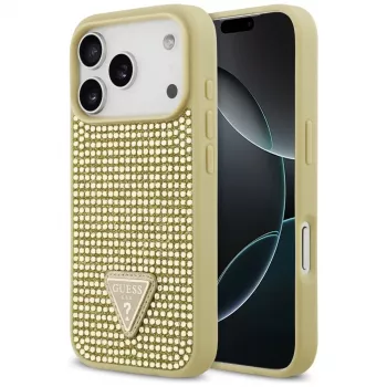 GUESS Rhinestone Triangle Logo dėklas, skirtas iPhone 17 Pro – auksinis
