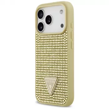 GUESS Rhinestone Triangle Logo dėklas, skirtas iPhone 17 Pro – auksinis