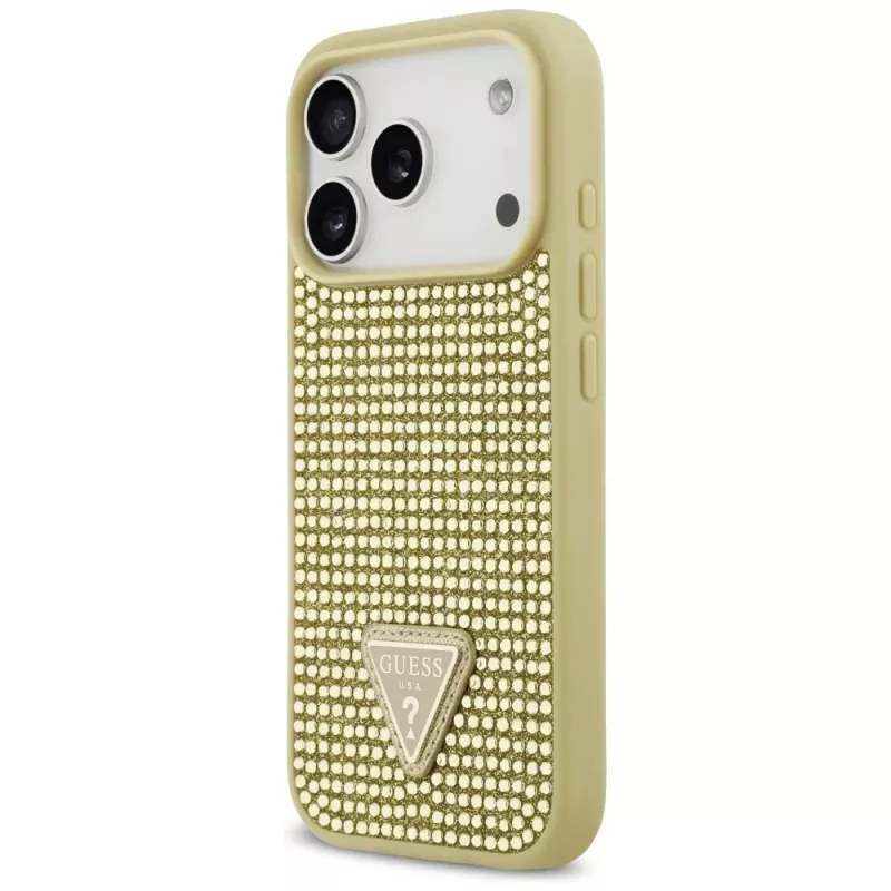 GUESS Rhinestone Triangle Logo dėklas, skirtas iPhone 17 Pro – auksinis