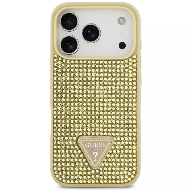 GUESS Rhinestone Triangle Logo dėklas, skirtas iPhone 17 Pro – auksinis