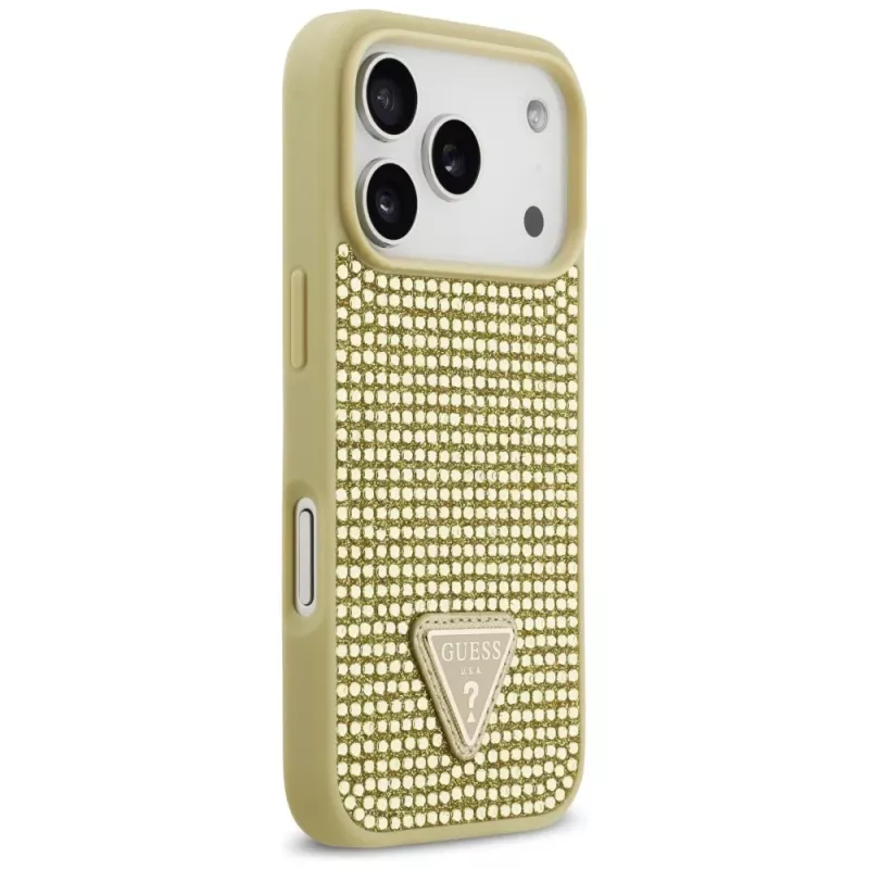 GUESS Rhinestone Triangle Logo dėklas, skirtas iPhone 17 Pro – auksinis