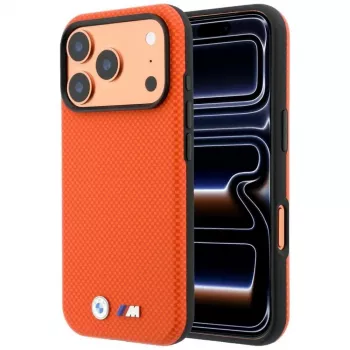 BMW M Quadrille Kevlar MagSafe dėklas, skirtas iPhone 17 Pro Max / 18 Pro Max – oranžinis su metaliniu logotipu
