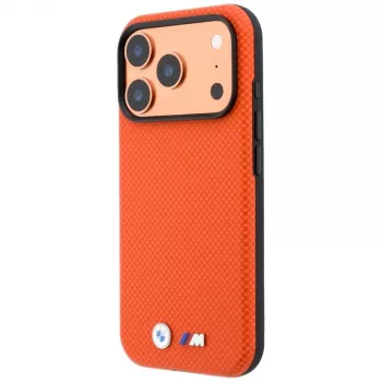 BMW M Quadrille Kevlar MagSafe dėklas, skirtas iPhone 17 Pro Max / 18 Pro Max – oranžinis su metaliniu logotipu