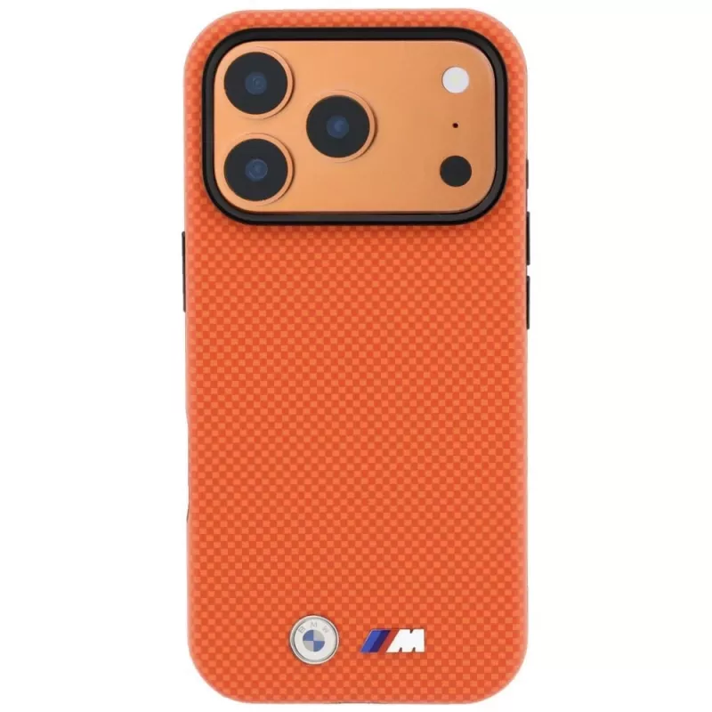 BMW M Quadrille Kevlar MagSafe dėklas, skirtas iPhone 17 Pro Max / 18 Pro Max – oranžinis su metaliniu logotipu