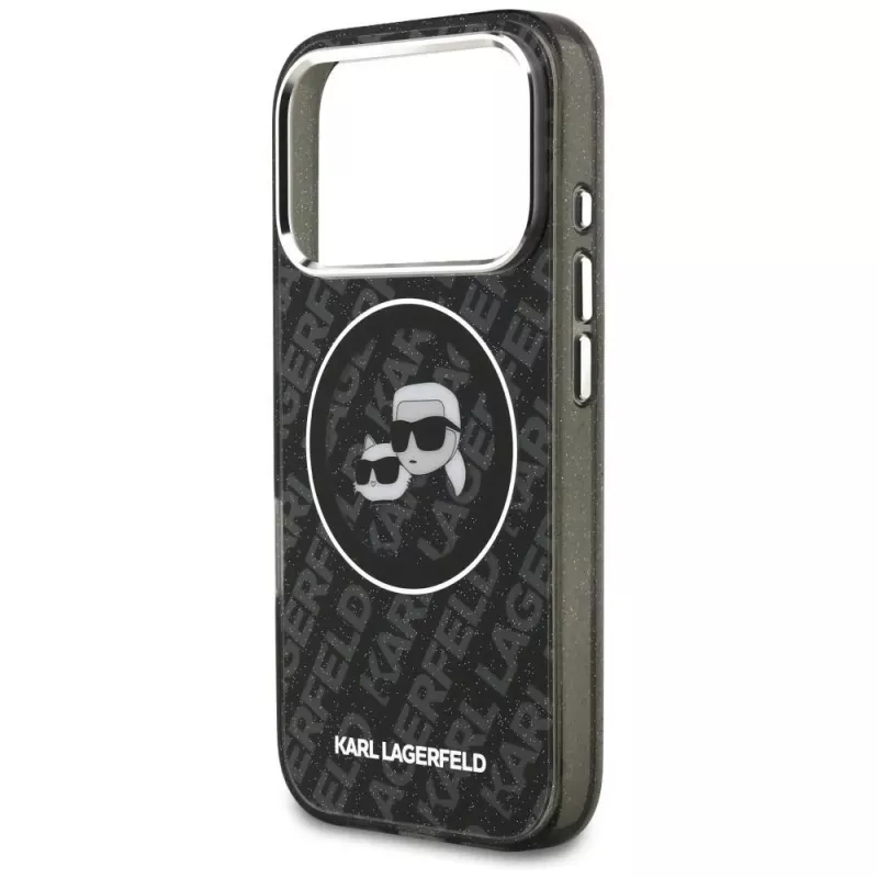 Karl Lagerfeld IML Glitter Karl & Choupette Heads Logo MagSafe dėklas, skirtas iPhone 17 Pro, juodas