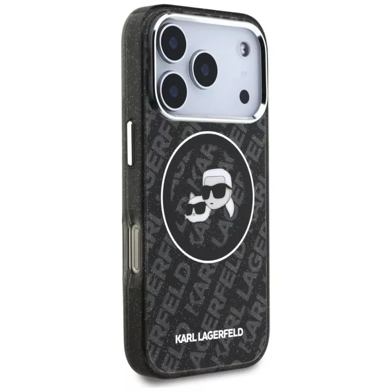 Karl Lagerfeld IML Glitter Karl & Choupette Heads Logo MagSafe dėklas, skirtas iPhone 17 Pro, juodas