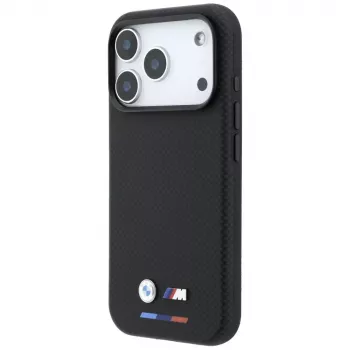 BMW M Quadrille Kevlar MagSafe dėklas, skirtas iPhone 18 Pro Max / 17 Pro Max – juodas su trijų spalvų juostelėmis ir metaliniu logotipu