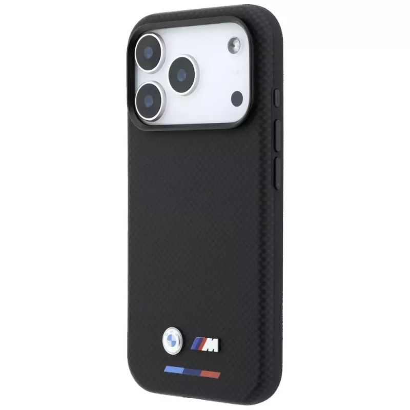 BMW M Quadrille Kevlar MagSafe dėklas, skirtas iPhone 18 Pro Max / 17 Pro Max – juodas su trijų spalvų juostelėmis ir metaliniu logotipu