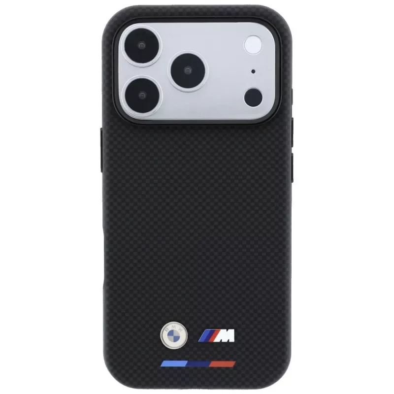 BMW M Quadrille Kevlar MagSafe dėklas, skirtas iPhone 18 Pro Max / 17 Pro Max – juodas su trijų spalvų juostelėmis ir metaliniu logotipu