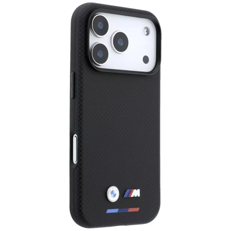 BMW M Quadrille Kevlar MagSafe dėklas, skirtas iPhone 18 Pro Max / 17 Pro Max – juodas su trijų spalvų juostelėmis ir metaliniu logotipu